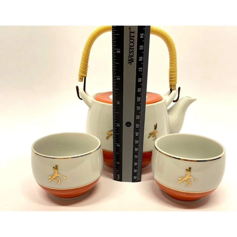 Vintage Nakagama Kiln Japanese Porcelain Tea Set Teapot 4 Cups Orange Gold White